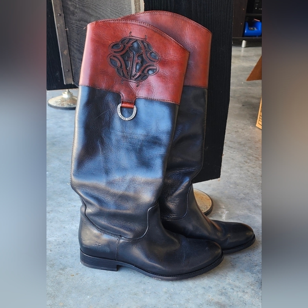The Frye Company Melissa Riding Boots Black and Brown With Cutout Logo Detail
